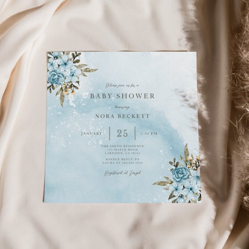 Winter Blue Floral Baby Shower Invitation 