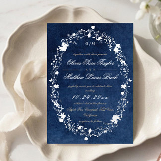 Winter Blue Floral Modern Elegant Wedding  Foil Invitation