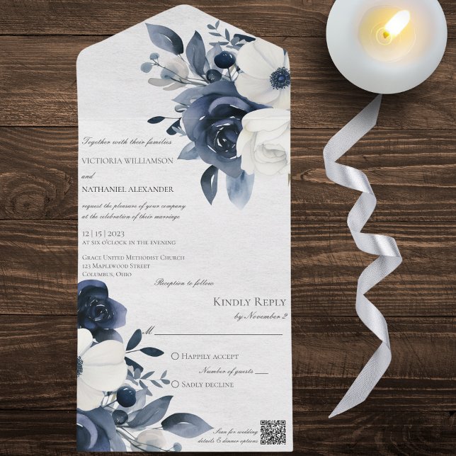 Winter Blue Floral on Marbled White QR Code  All In One Invitation (Creator Uploaded)