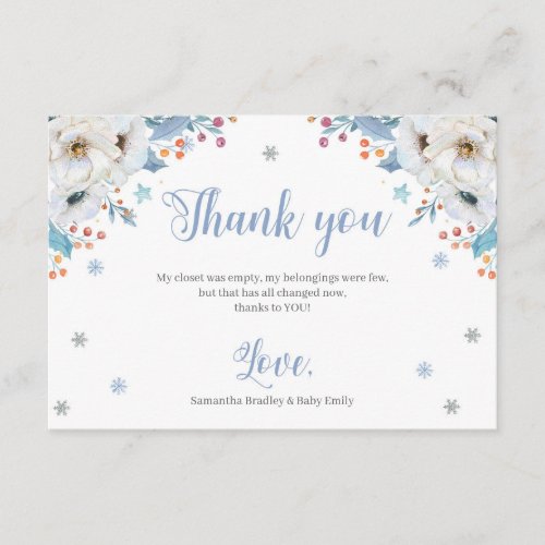 Winter blue floral silver baby shower thank you enclosure card