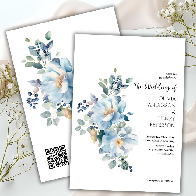 Winter Blue Flowers QR Code Wedding Invitation (Creator Uploaded)