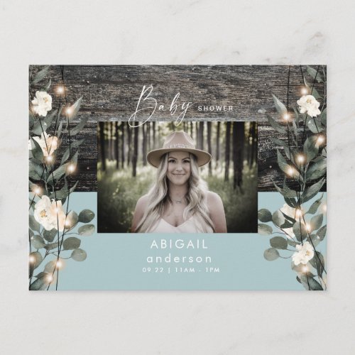 Winter Blue Foliage Lights  White Floral Photo Invitation Postcard