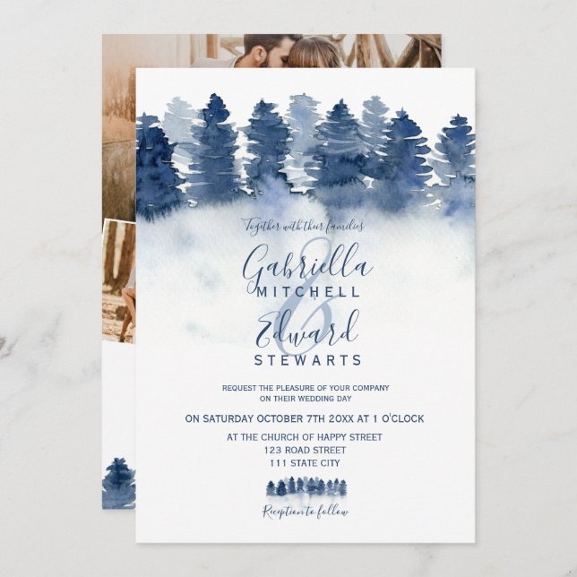 Winter blue forest wood watercolor photo wedding invitation (Front/Back)