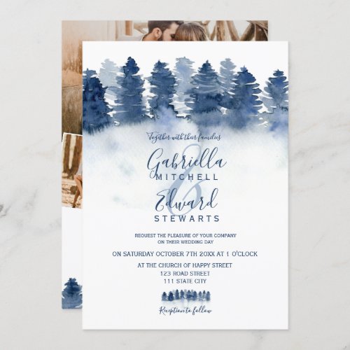 Winter blue forest wood watercolor photo wedding invitation