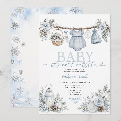 Winter Blue Girl Baby Its Cold Outside Baby Shower Invitation