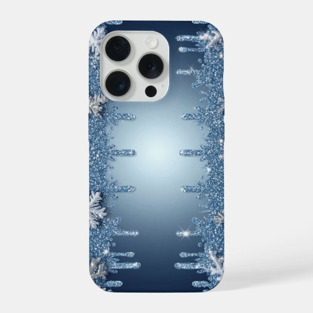 Winter Blue Glitter Snowflake Icy Crystal Design iPhone Case (Back)
