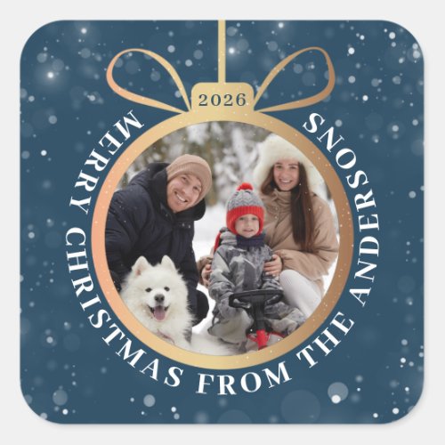 Winter Blue Gold Christmas Ornament Holiday Photo Square Sticker