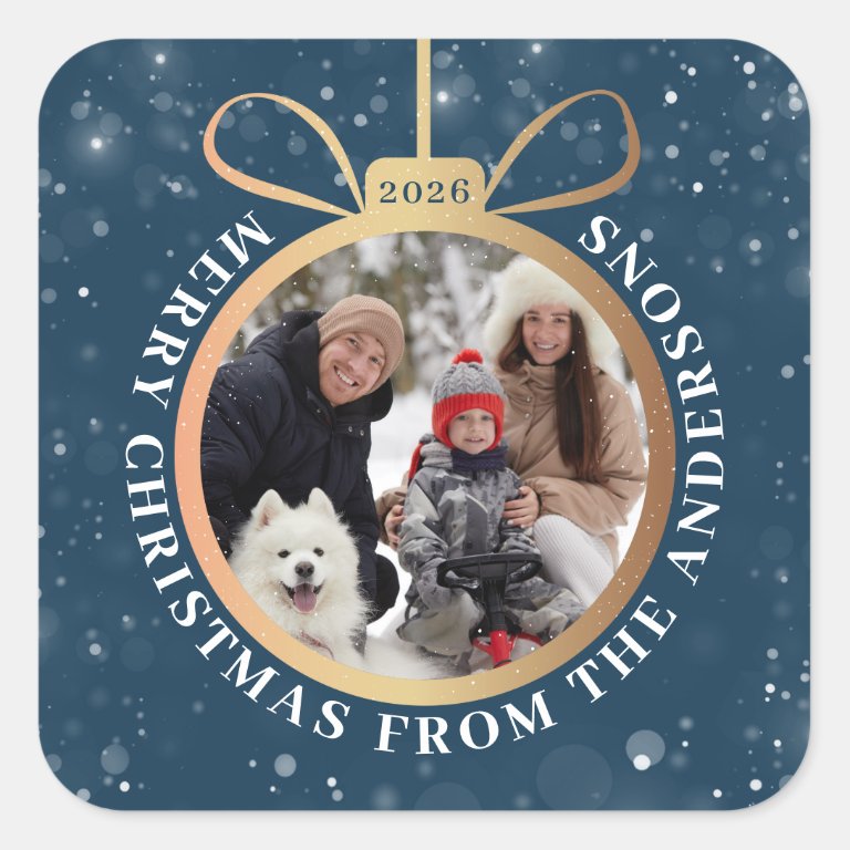 Winter Blue Gold Christmas Ornament Holiday Photo Square Sticker