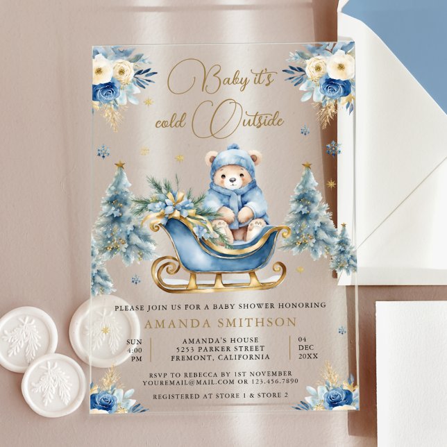 Winter Blue Gold Floral Teddy Bear Baby Shower Acrylic Invitations (Creator Uploaded)