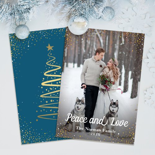 Winter Blue Gold Glitter Peace and Love Photo Holiday Card