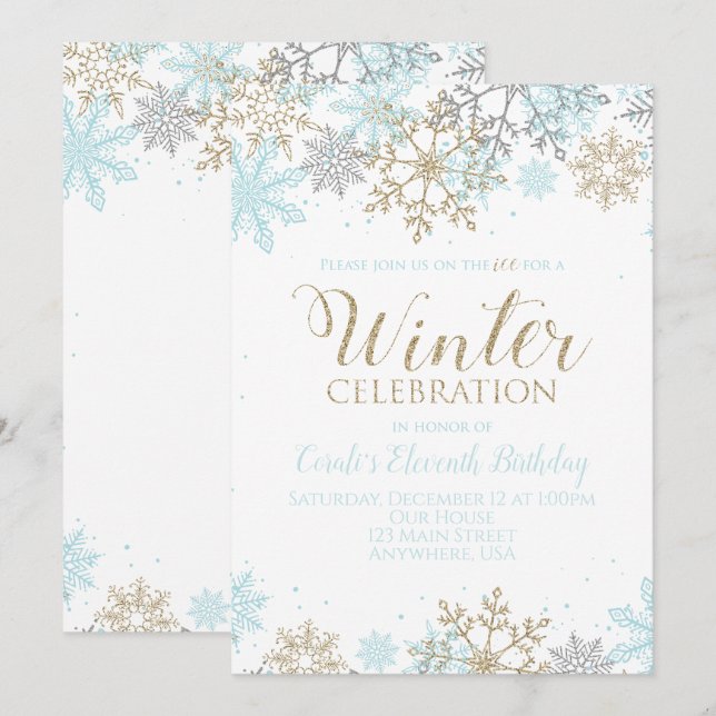 Winter Blue Gold Silver Snowflakes Birthday Invitation (Front/Back)