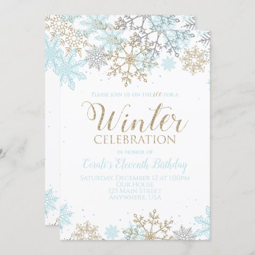 Winter Blue Gold Silver Snowflakes Birthday Invitation