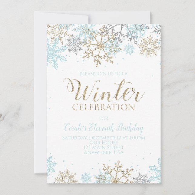Winter Blue Gold Silver Snowflakes Birthday Invitation (Front)