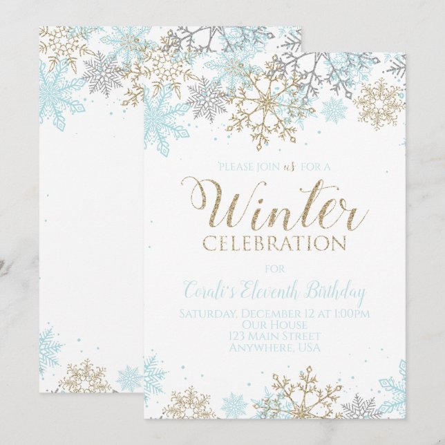 Winter Blue Gold Silver Snowflakes Birthday Invitation (Front/Back)