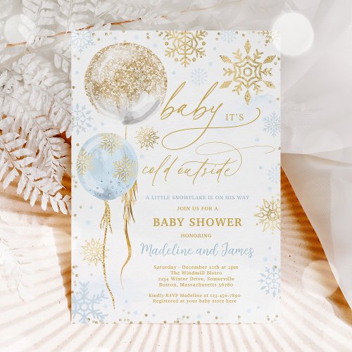 Winter Blue  Gold Snowflake Baby Shower Invitation