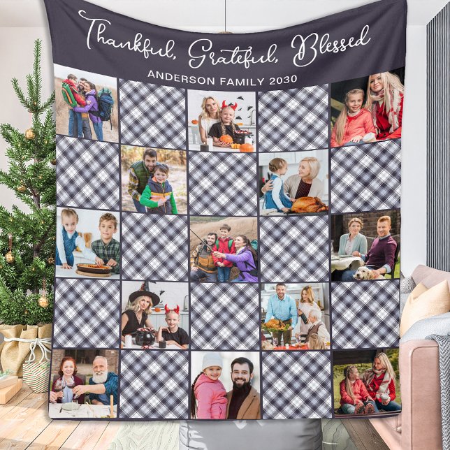Winter Blue Gray Plaid Custom 13 Photo Collage Fleece Blanket (Creator Uploaded)