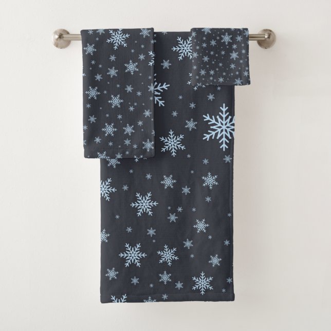 Winter Blue Gray Snowflakes Christmas Season Bath Towel Set (Insitu)