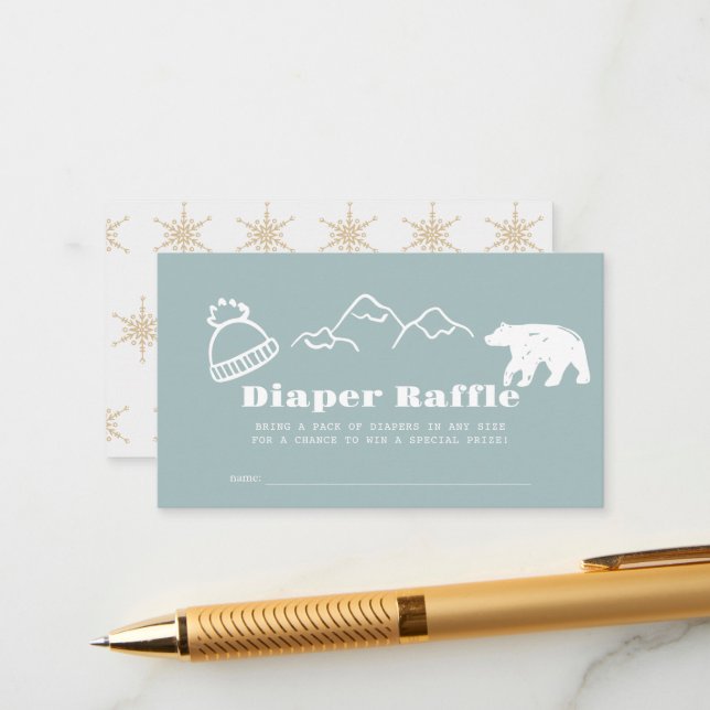Winter Blue Hand-Drawn Baby Diaper Raffle Ticket Enclosure Card (Front/Back In Situ)