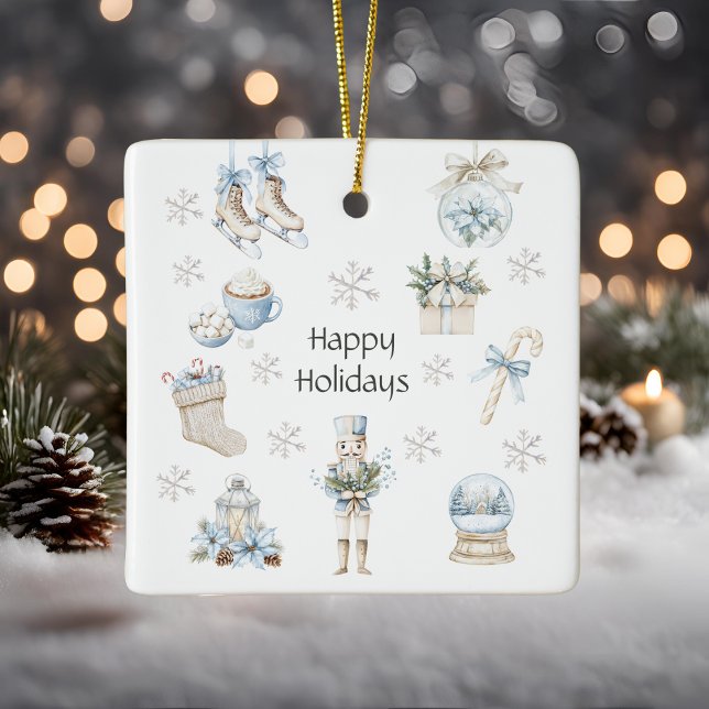 Winter Blue Happy Holidays Watercolor Ceramic Ornament (Creator Uploaded)