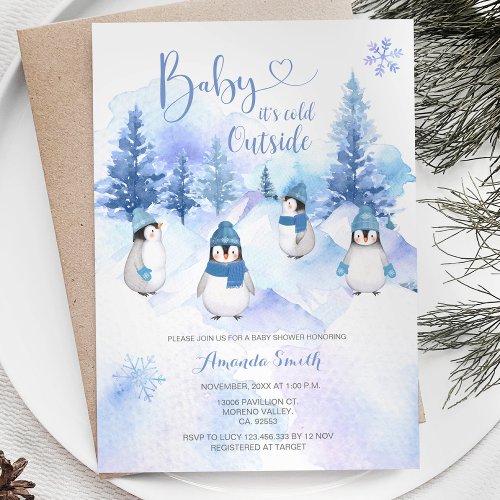 Winter Blue Hat Penguin Snowflakes Baby Shower  Invitation