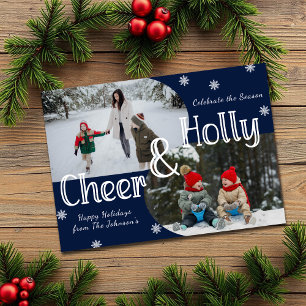 Winter Blue Holly & Cheer 2 Family Photo Christmas Holiday Card