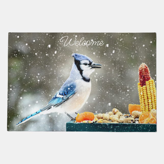 Winter Blue Jay Doormat (Front)