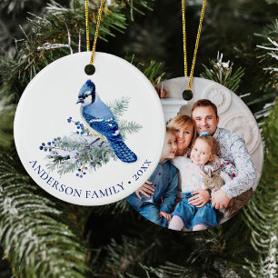 Winter Blue Jay Family Photo Christmas Ceramic Ornament