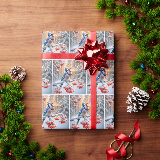 Winter Blue Jay Singing On a Berry Tree Wrapping Paper (Holiday Gift)