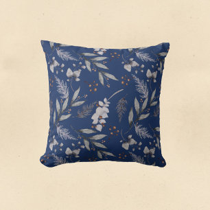 Winter Blue Leaves Berries Pine Festive Watercolor Throw Pillow
