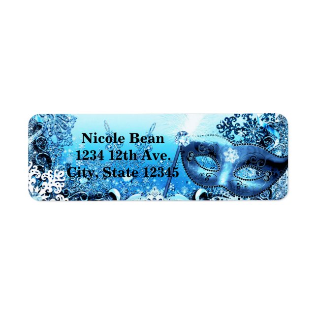 Winter Blue Masquerade Mask & Snowflakes Elegant Label (Front)