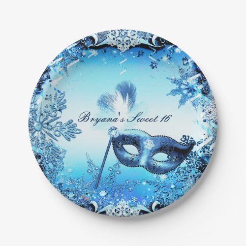 Winter Blue Masquerade Mask  Snowflakes Elegant Paper Plates