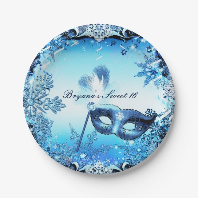 Winter Blue Masquerade Mask & Snowflakes Elegant Paper Plates (Front)