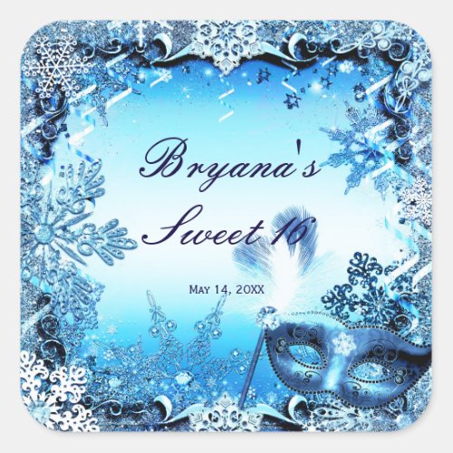 Winter Blue Masquerade Mask  Snowflakes Elegant Square Sticker