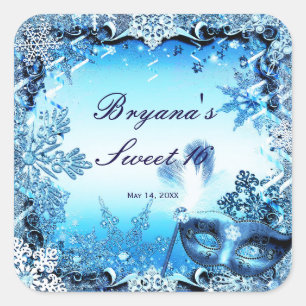 Winter Blue Masquerade Mask & Snowflakes Elegant Square Sticker