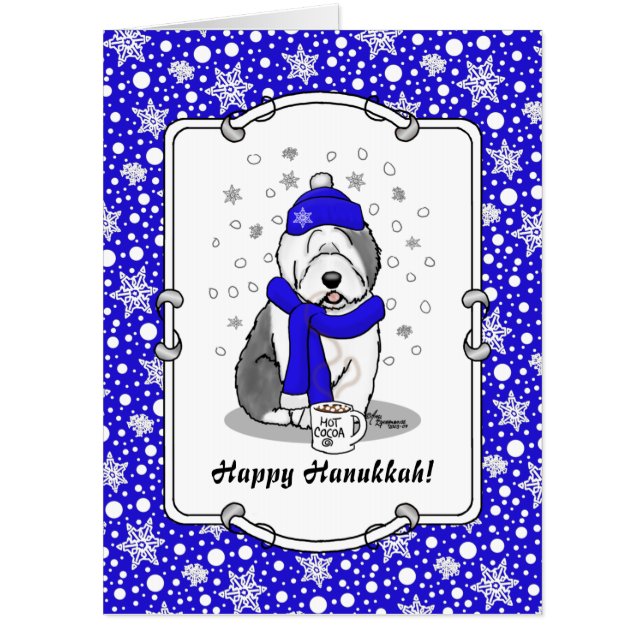 Winter Blue Old English Sheepdog Dog Cute Hanukkah Card (Front)