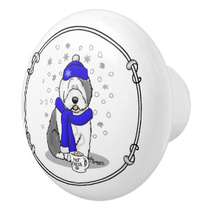 Winter Blue Old English Sheepdog Dog (Gray 1) Cute Ceramic Knob