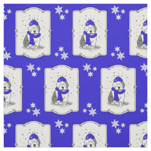 Winter Blue Old English Sheepdog Dog (Gray 1) Cute Fabric
