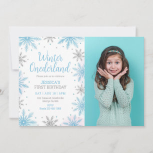 Winter Blue Onederland Girl 1st Birthday Photo Invitation
