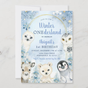 Winter Blue Onederland Woodland Animals Birthday Invitation