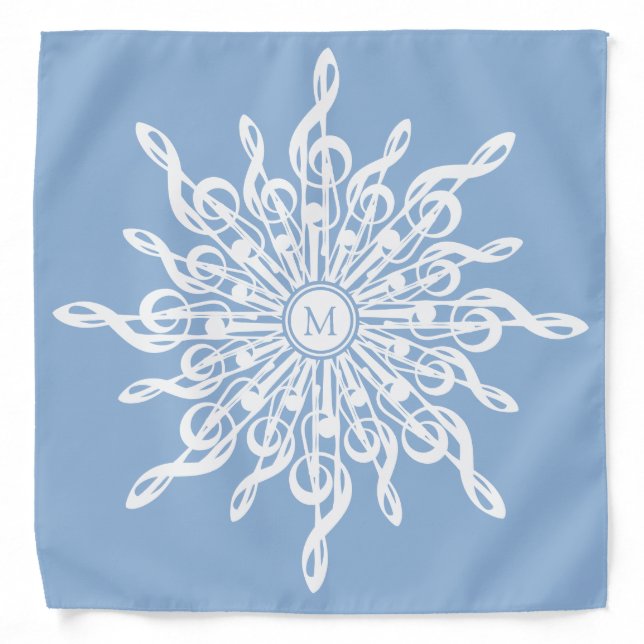 Winter Blue Ornamental Monogram G-Clef Snowflake Bandana (Front)