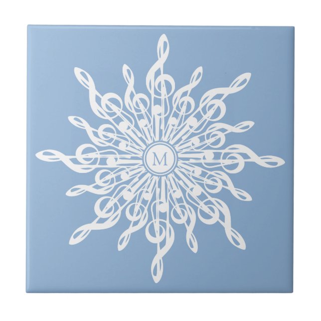 Winter Blue Ornamental Monogram G-Clef Snowflake Ceramic Tile (Front)