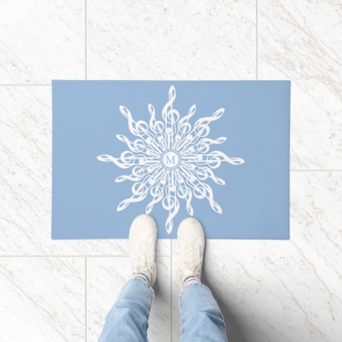 Winter Blue Ornamental Monogram G_Clef Snowflake Doormat