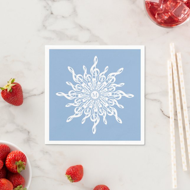 Winter Blue Ornamental Monogram G-Clef Snowflake Napkins (Insitu)
