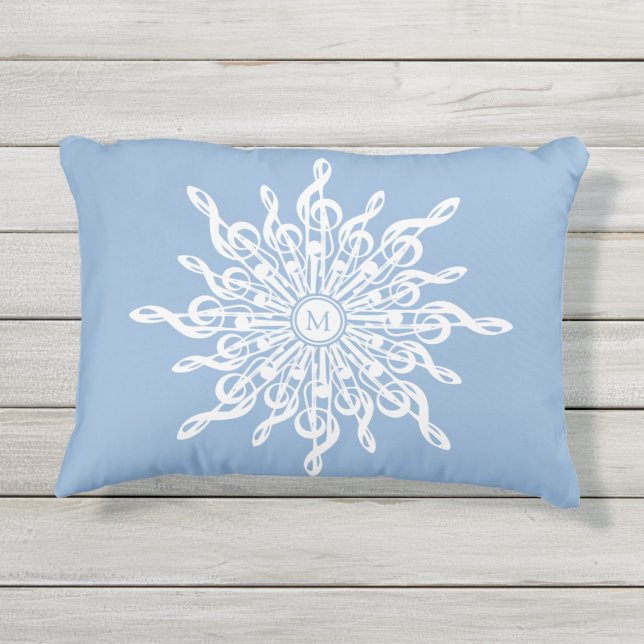 Winter Blue Ornamental Monogram G-Clef Snowflake Outdoor Pillow (Back)