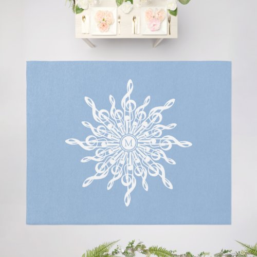 Winter Blue Ornamental Monogram G_Clef Snowflake Outdoor Rug