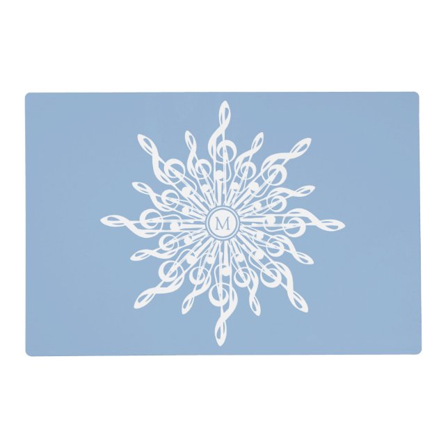 Winter Blue Ornamental Monogram G-Clef Snowflake Placemat (Front)