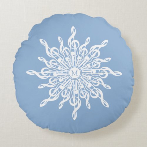 Winter Blue Ornamental Monogram G_Clef Snowflake Round Pillow