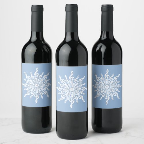 Winter Blue Ornamental Monogram G_Clef Snowflake Wine Label