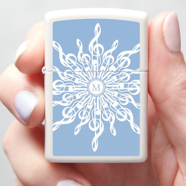 Winter Blue Ornamental Monogram G-Clef Snowflake Zippo Lighter (In Hand)