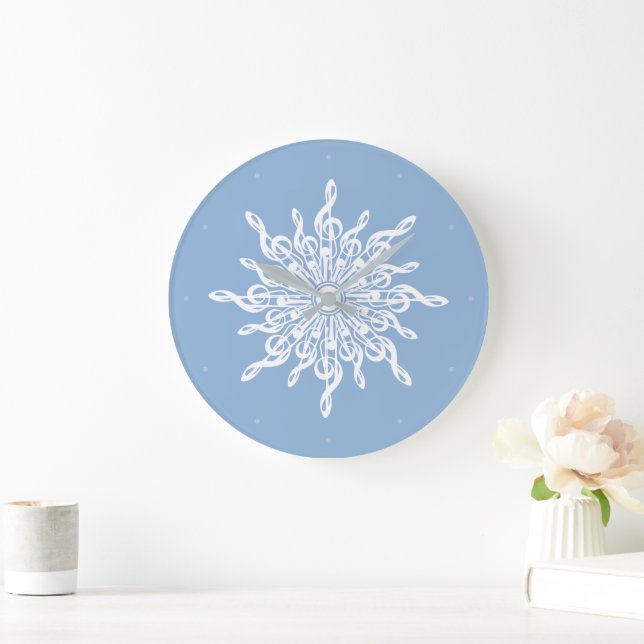 Winter Blue Ornamental Treble Clef Snowflake Large Clock (Home)